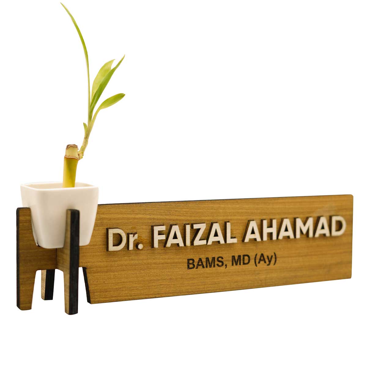 Customized Wood Engraved Professional's Name Board with Plant Vase