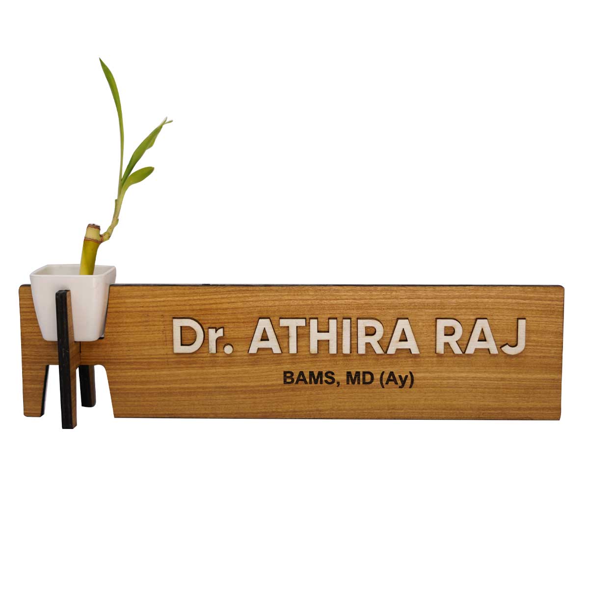 Customized Wood Engraved Professional's Name Board with Plant Vase