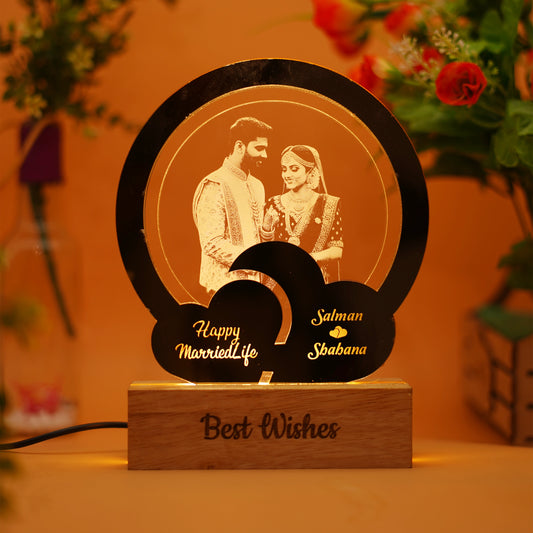 Customized Photo Engraved Gold Round 3D Lamp | Lighted Frame