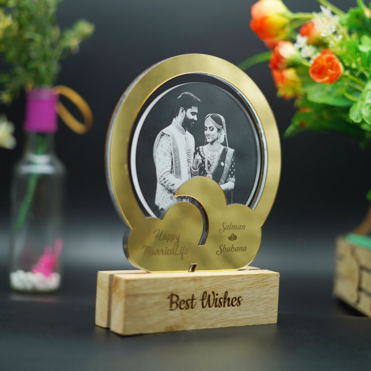 Customized Photo Engraved Gold Round 3D Lamp | Lighted Frame