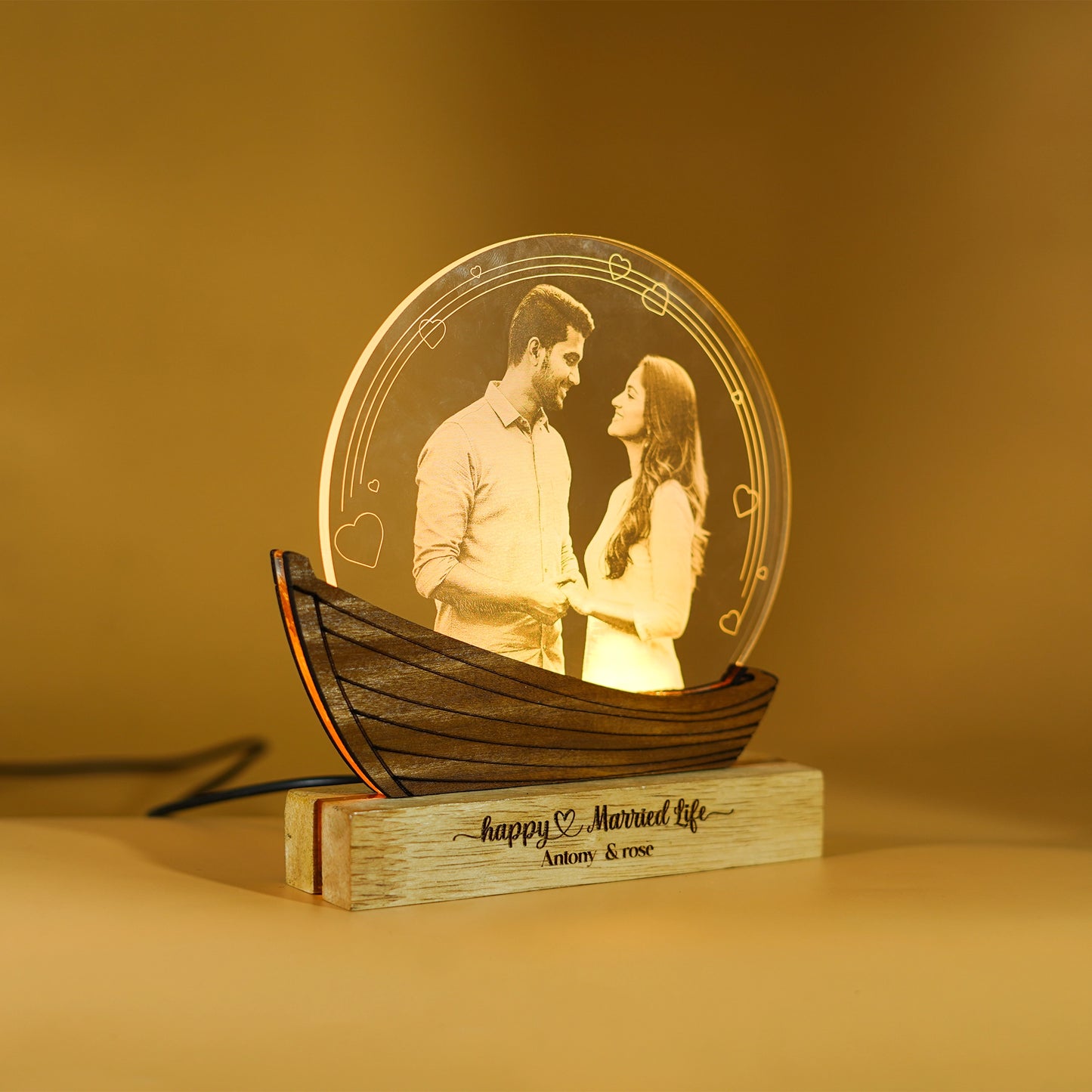 Customised Couple Photo Engraved 3D Love Boat Lamp | Night Lamp | Wedding Gift