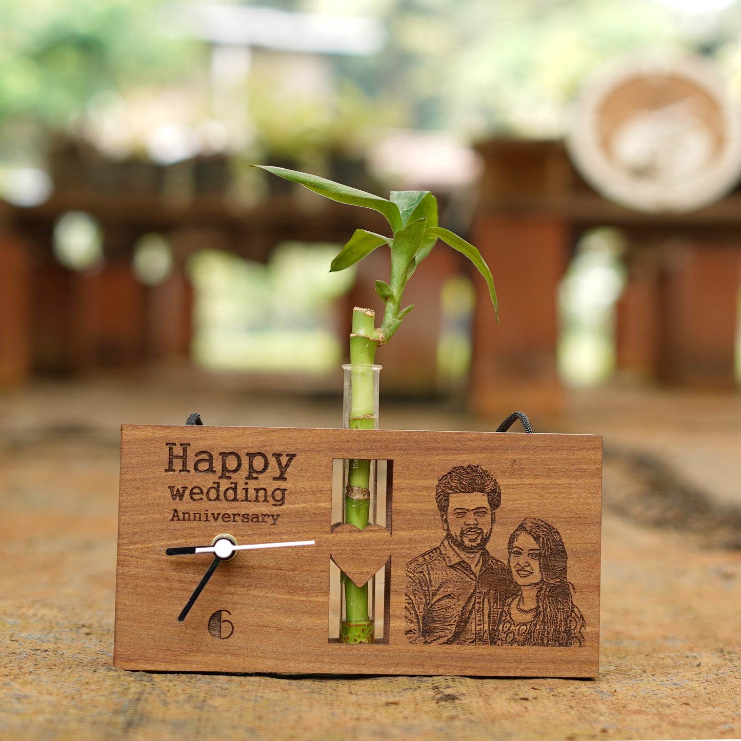 Photo Engraved Personalized Wooden Table Clock With Plant Vase