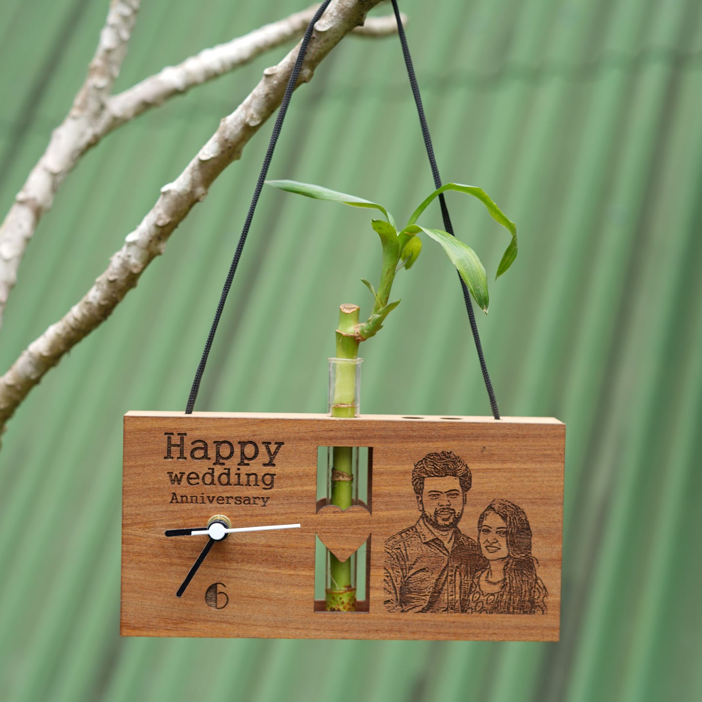 Photo Engraved Personalized Wooden Table Clock With Plant Vase