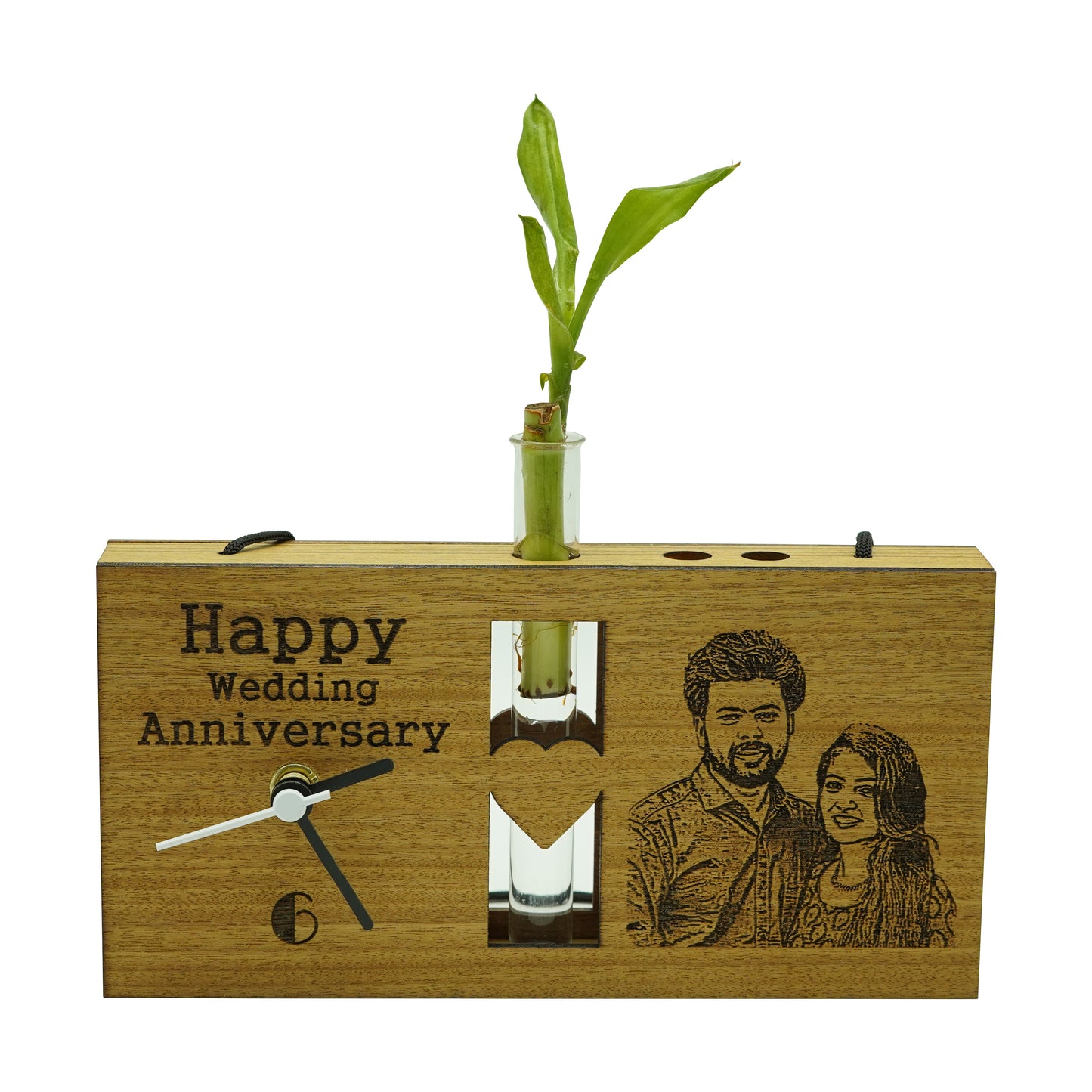 Photo Engraved Personalized Wooden Table Clock With Plant Vase 