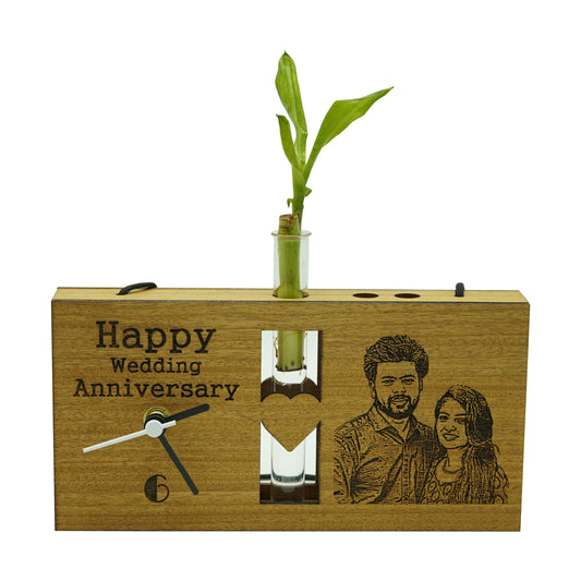 Photo Engraved Personalized Wooden Table Clock With Plant Vase