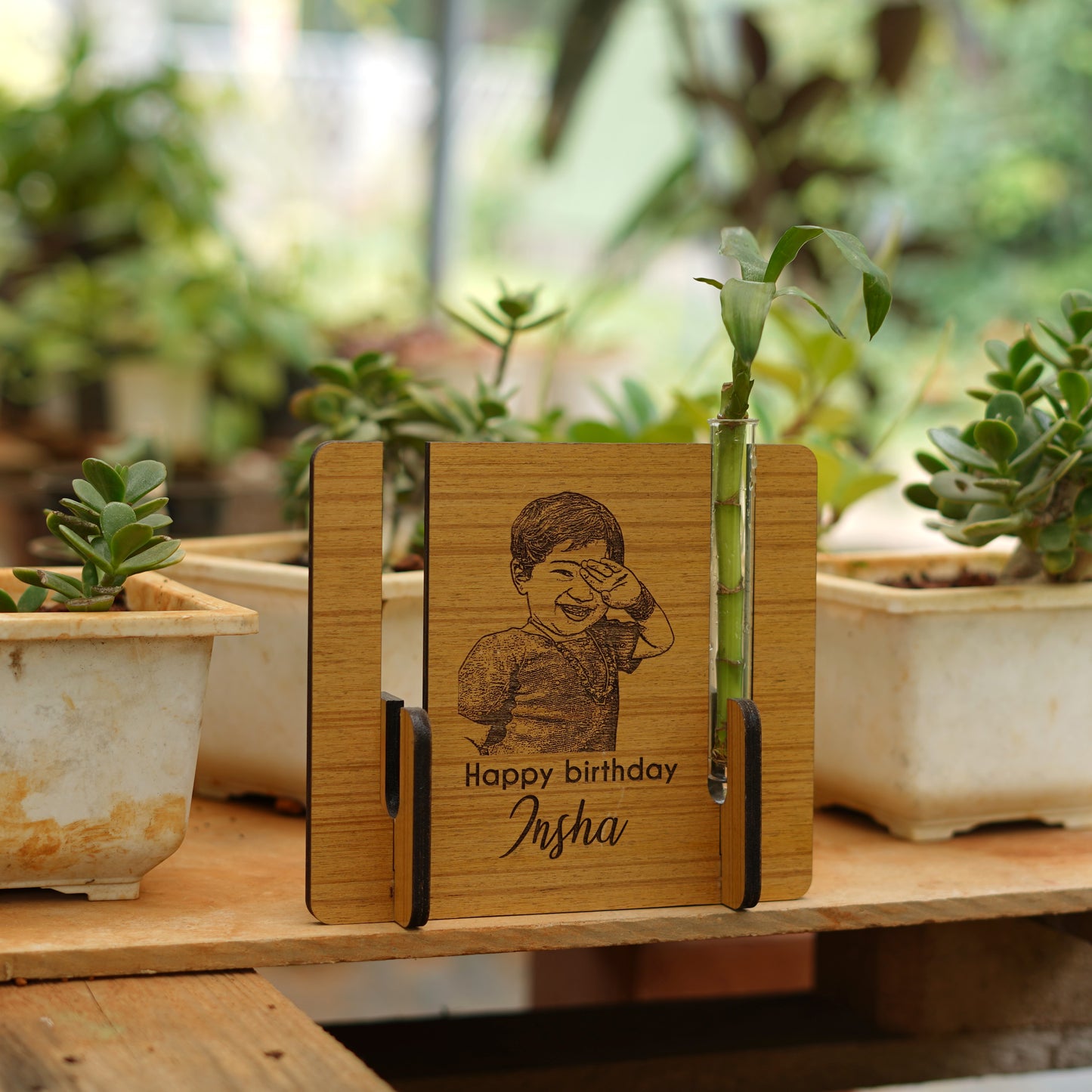 Customized Photo Engraved Wooden Plant Vase