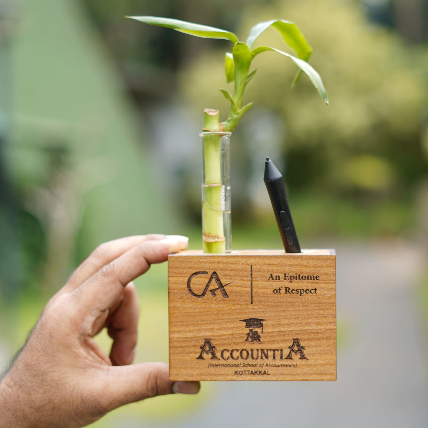 Nurture Your Creativity: Personalized Wooden Pen Stand with Plant Vase - A Perfect Gift for Artists and Writers