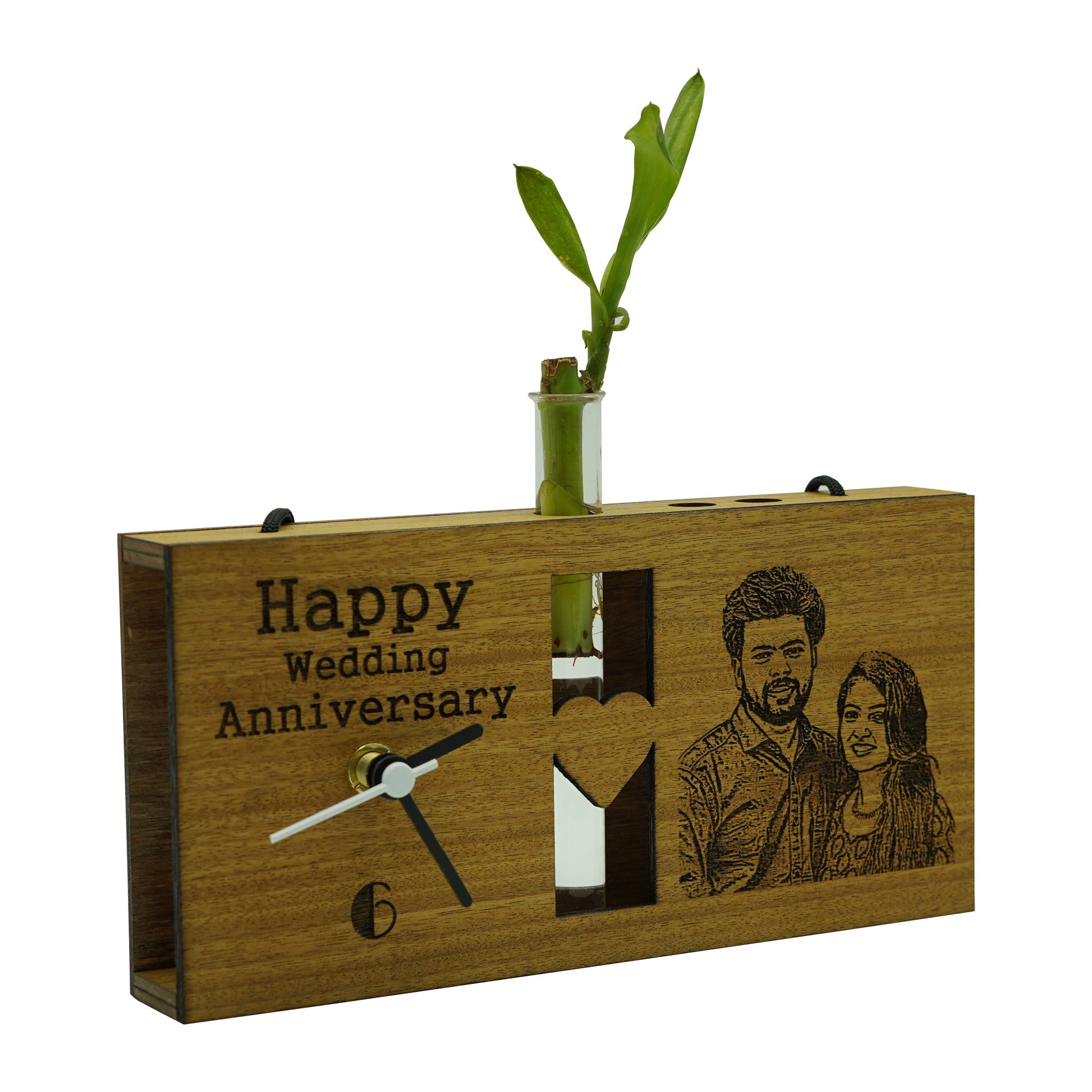 Photo Engraved Personalized Wooden Table Clock With Plant Vase