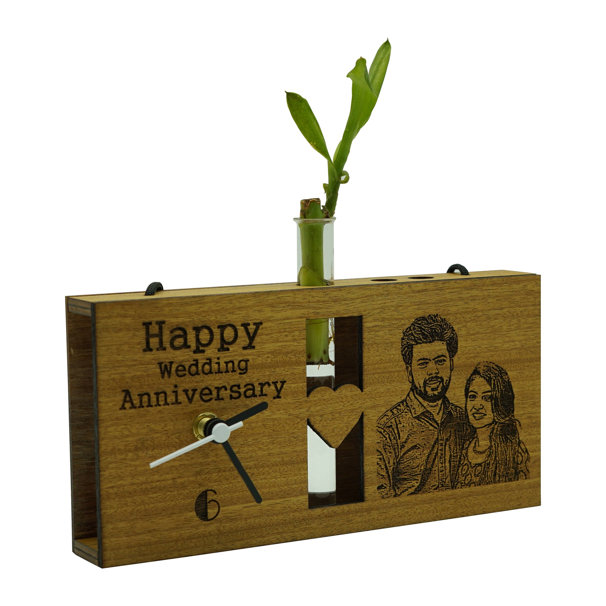 Photo Engraved Personalized Wooden Table Clock With Plant Vase 