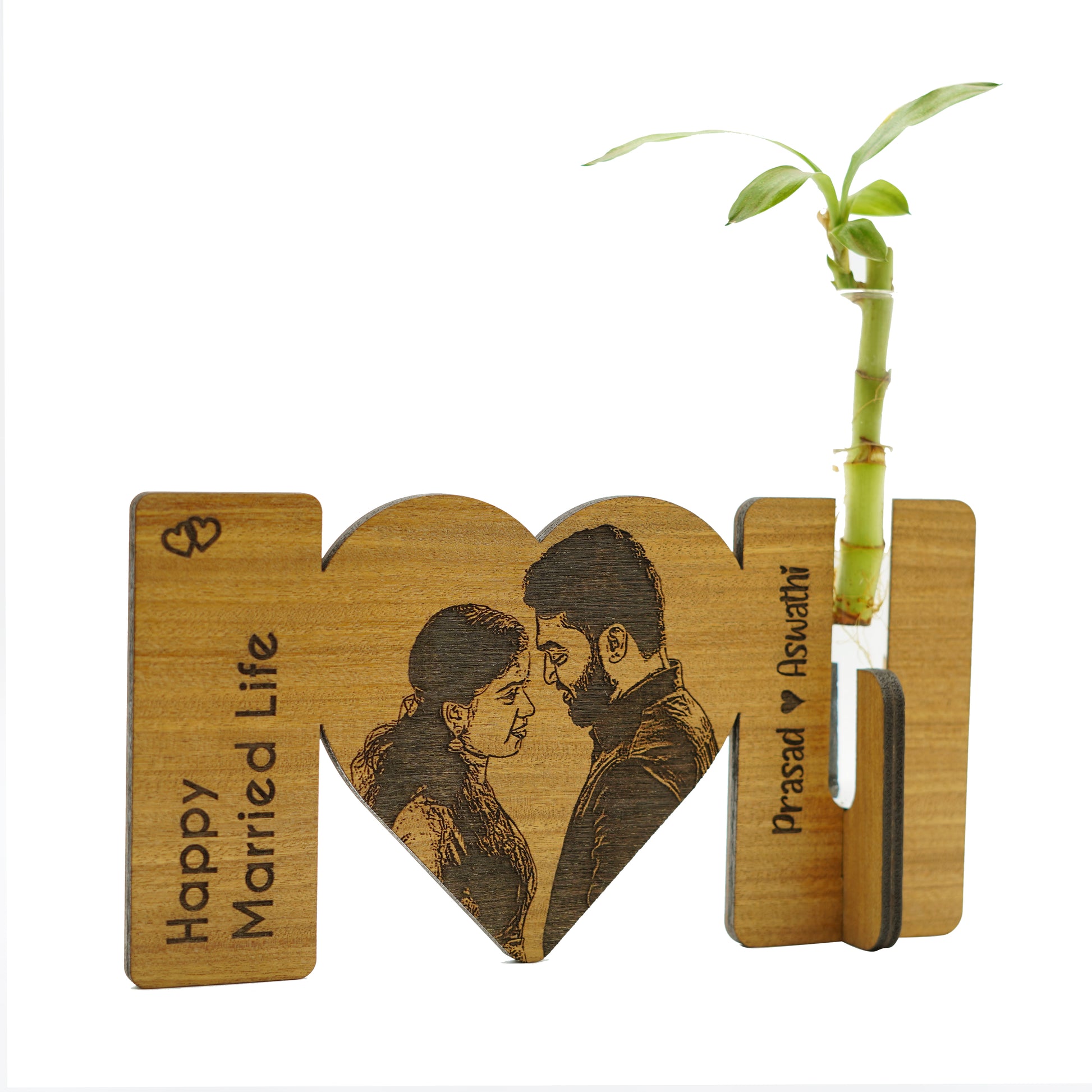 Wood Engraved Wedding Gift with plant vase