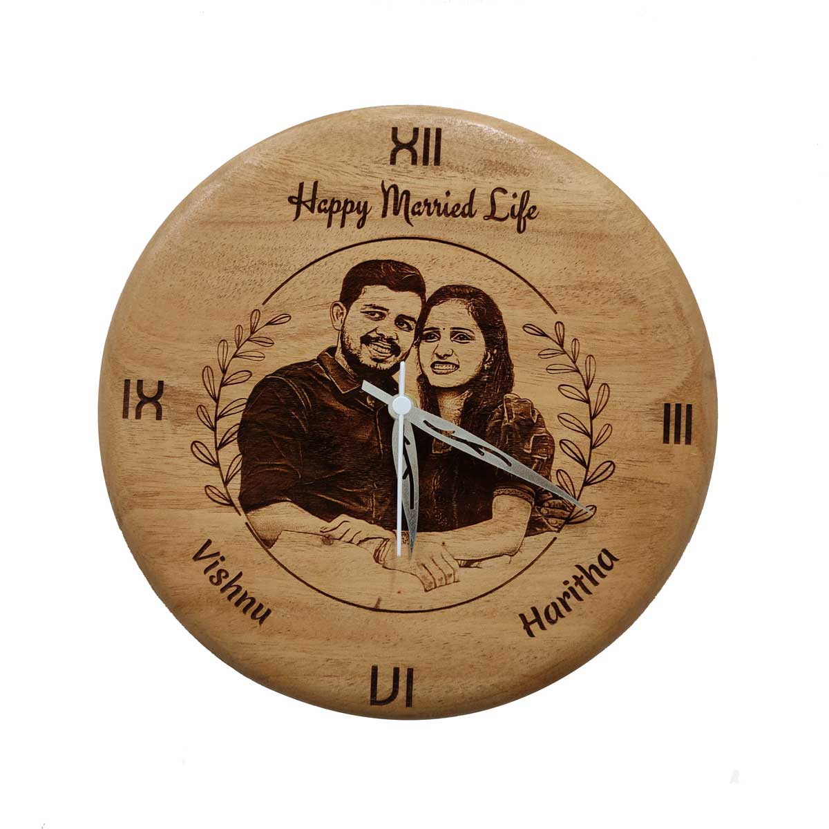 wood engraved couple wall clock