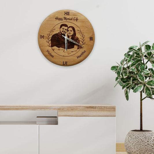 wood engraved couple wall clock