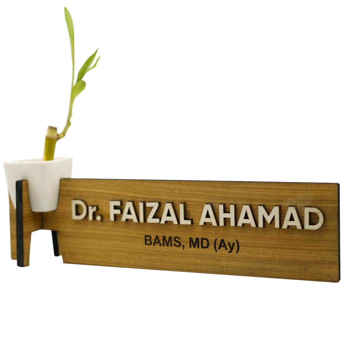 Customized Wood Engraved Professional's Name Board with Plant Vase