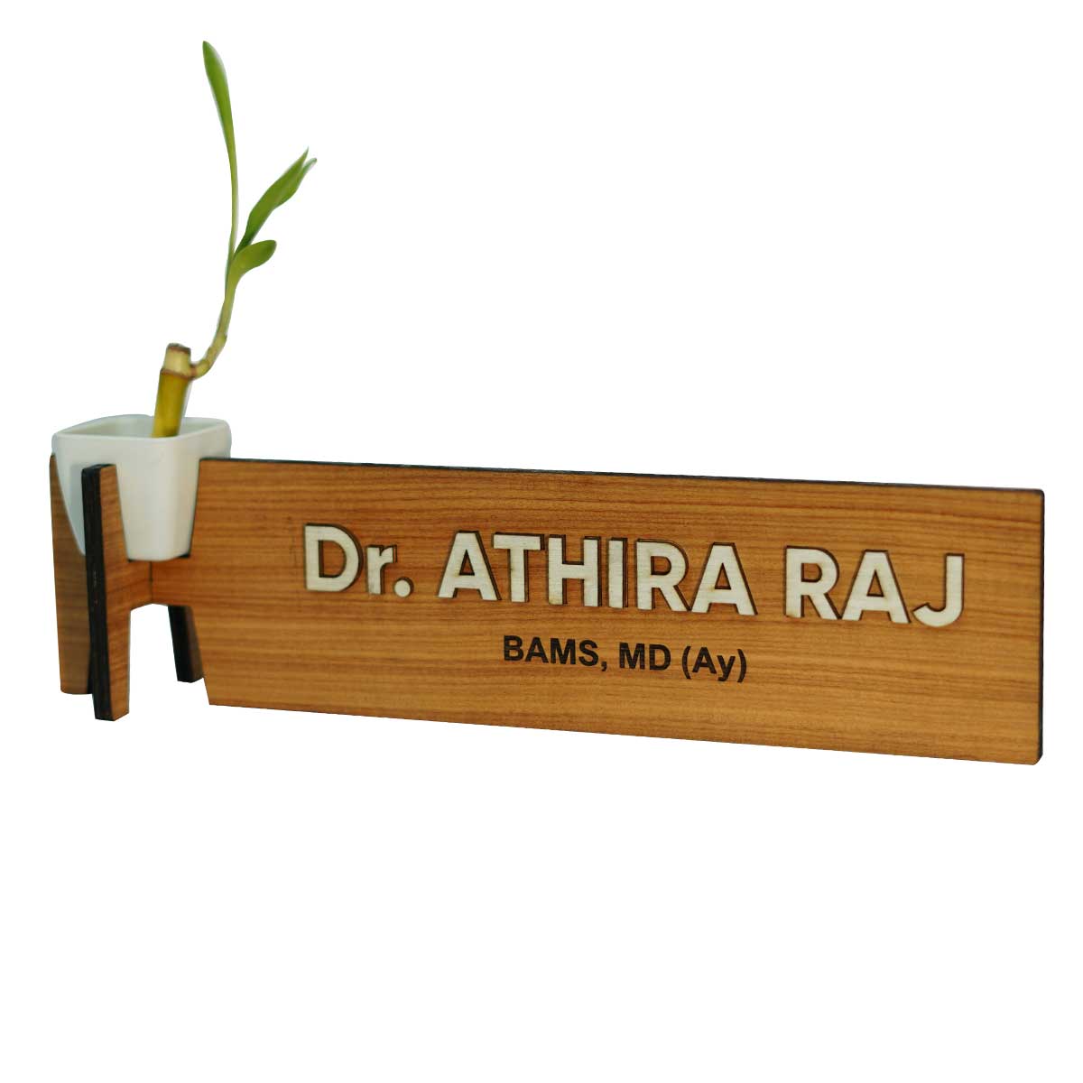 Customized Wood Engraved Professional s Name Board with Plant Vase