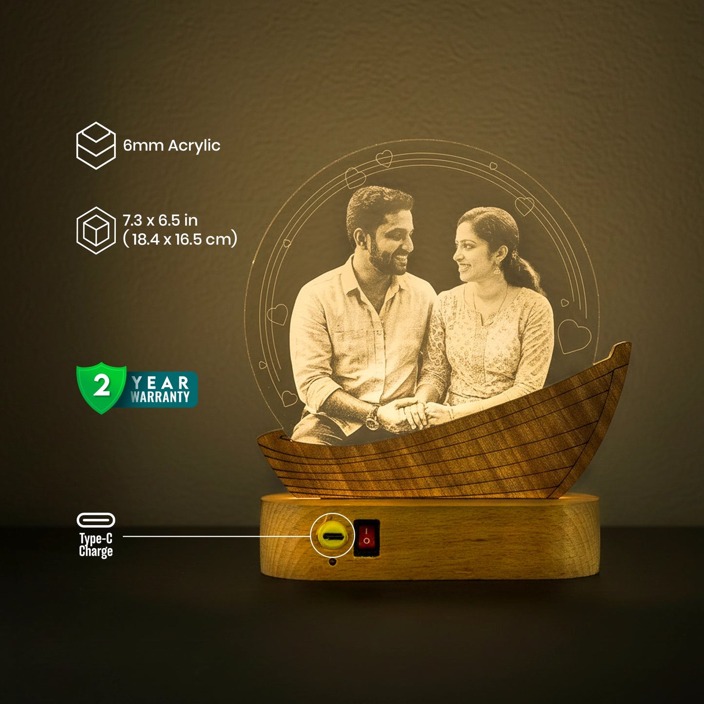 Rechargeable Customised Boat Shape Photo Engraved 3D Lamp  | Night Lamp | Wedding Gift