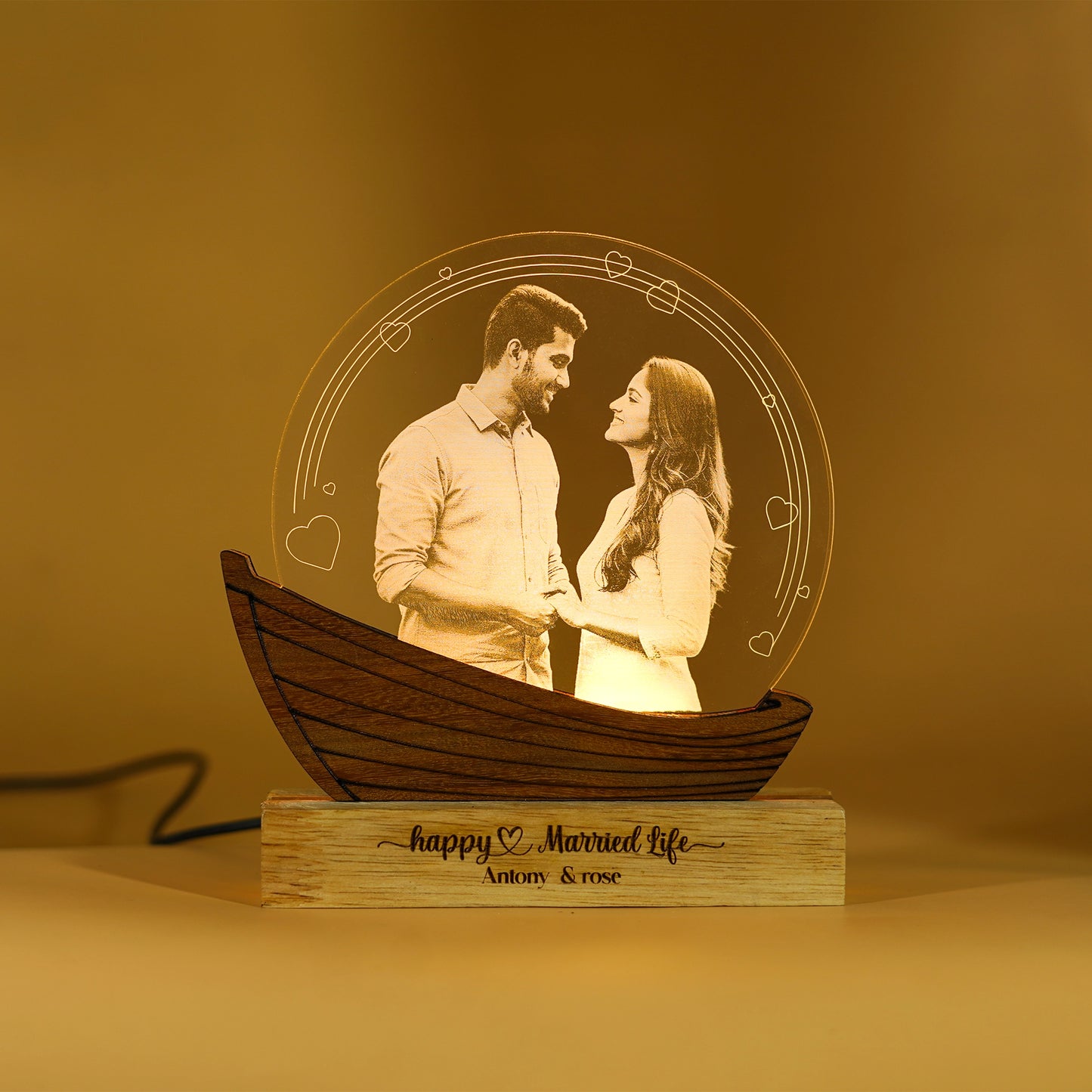 Customised Couple Photo Engraved 3D Love Boat Lamp | Night Lamp | Wedding Gift