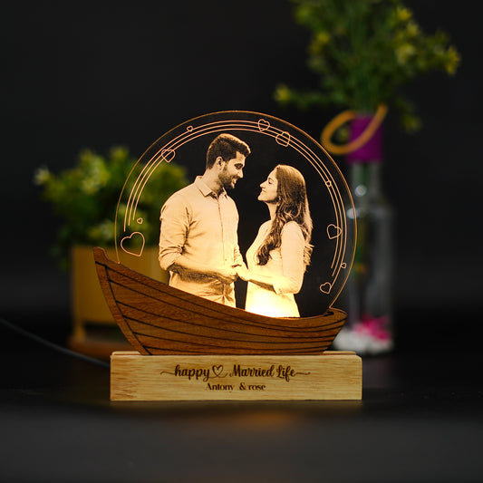 Customised Couple Photo Engraved 3D Love Boat Lamp | Night Lamp | Wedding Gift