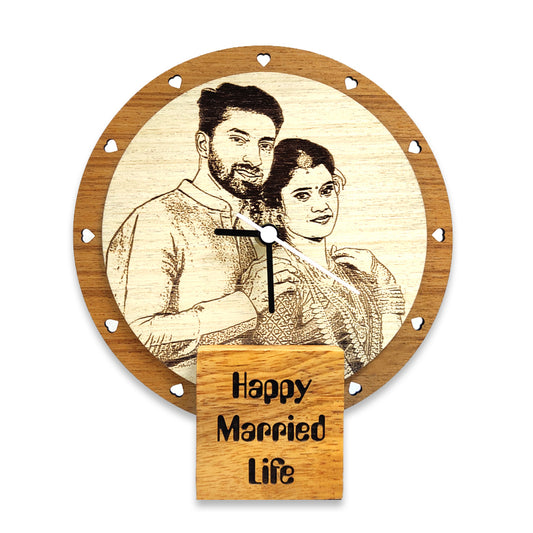 Personalized Wooden Photo Engraved Wall Clock – Custom Couple Gift for Wedding & Anniversary