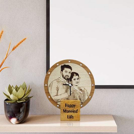 Personalized Wooden Photo Engraved Wall Clock – Custom Couple Gift for Wedding & Anniversary
