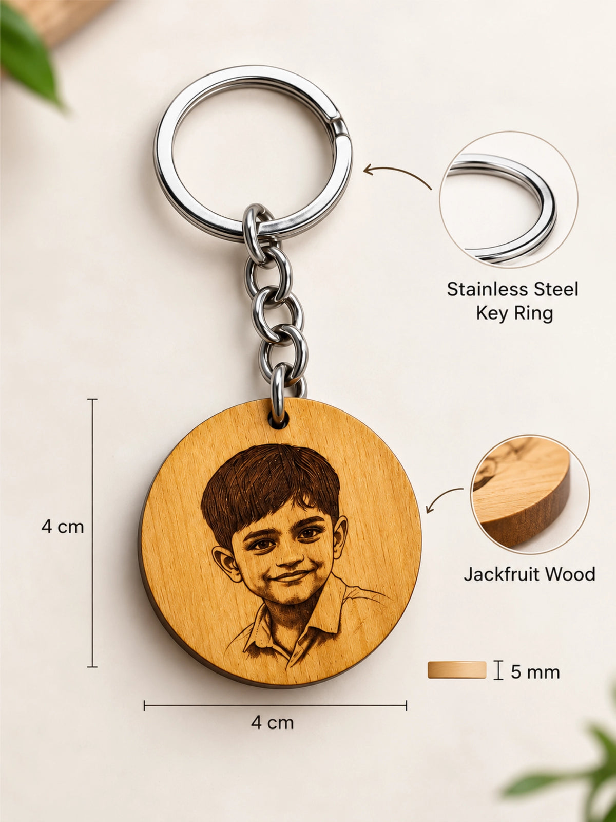 Personalised Round Wooden Photo Engraved Keychain