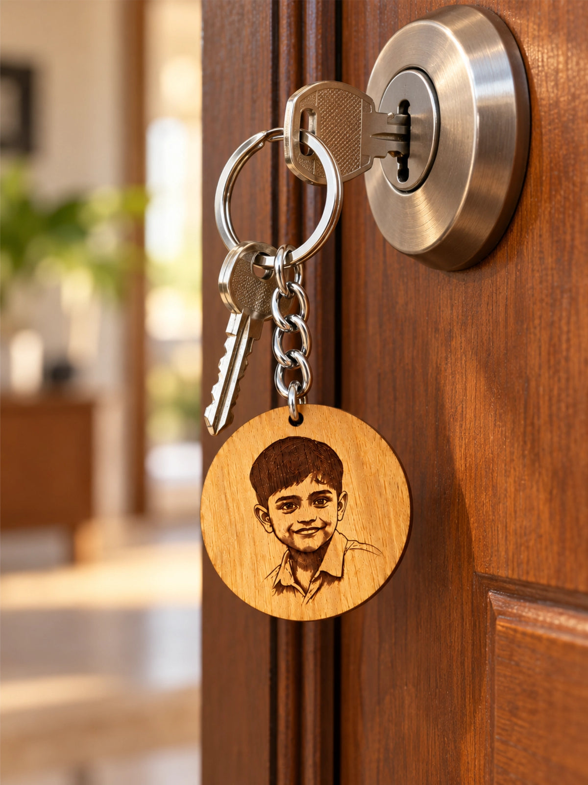 Personalised Round Wooden Photo Engraved Keychain