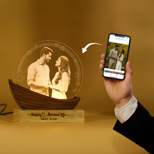 Customised Couple Photo Engraved 3D Love Boat Lamp | Night Lamp | Wedding Gift