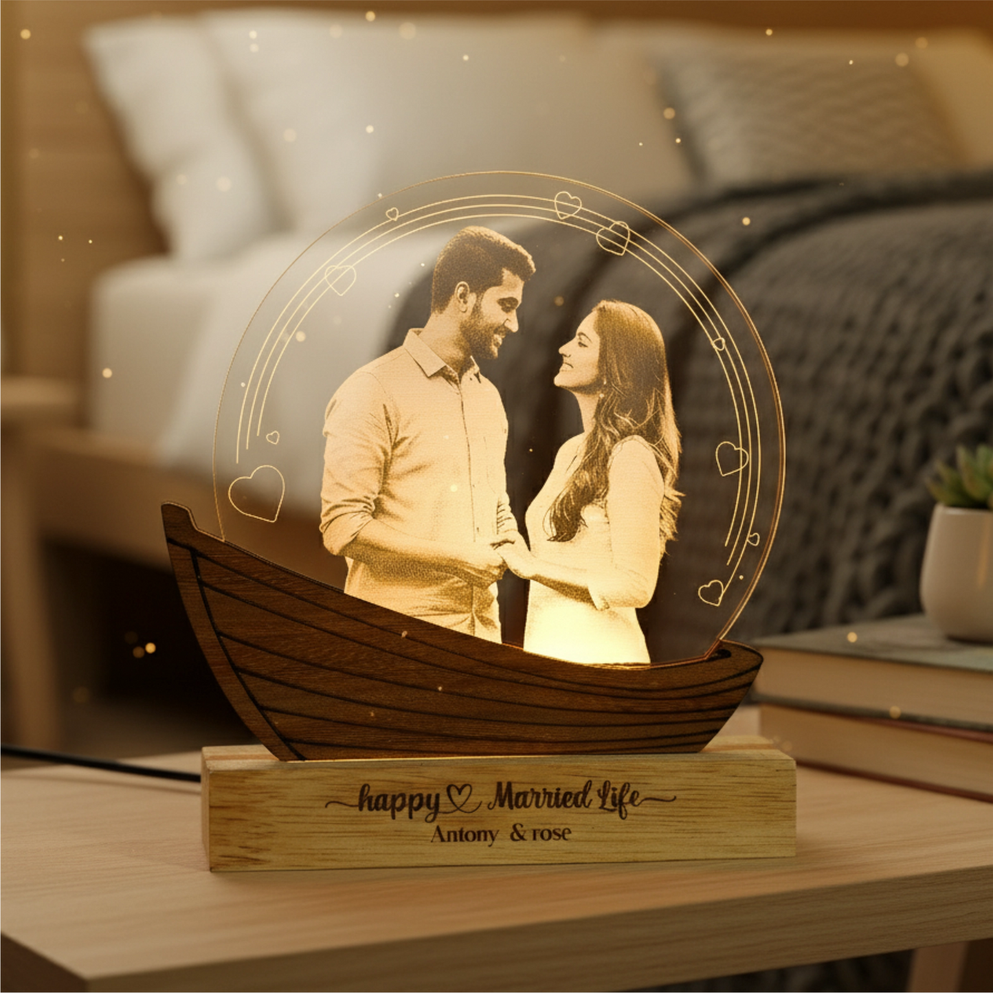 Customised Couple Photo Engraved 3D Love Boat Lamp | Night Lamp | Wedding Gift