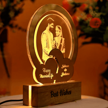 Customized Photo Engraved Gold Round 3D Lamp | Lighted Frame