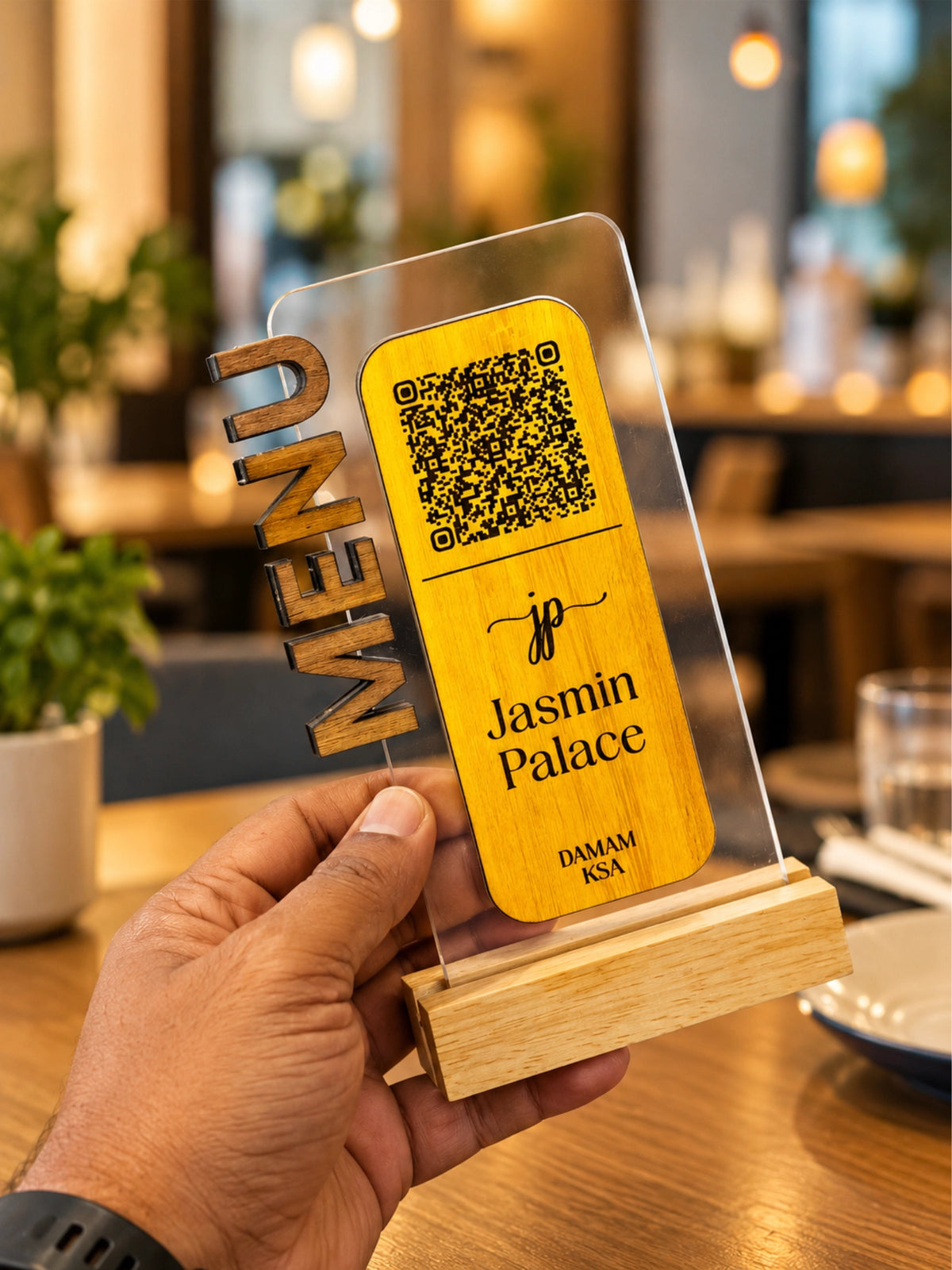 QR Code Menu Table Stand with Wooden Base