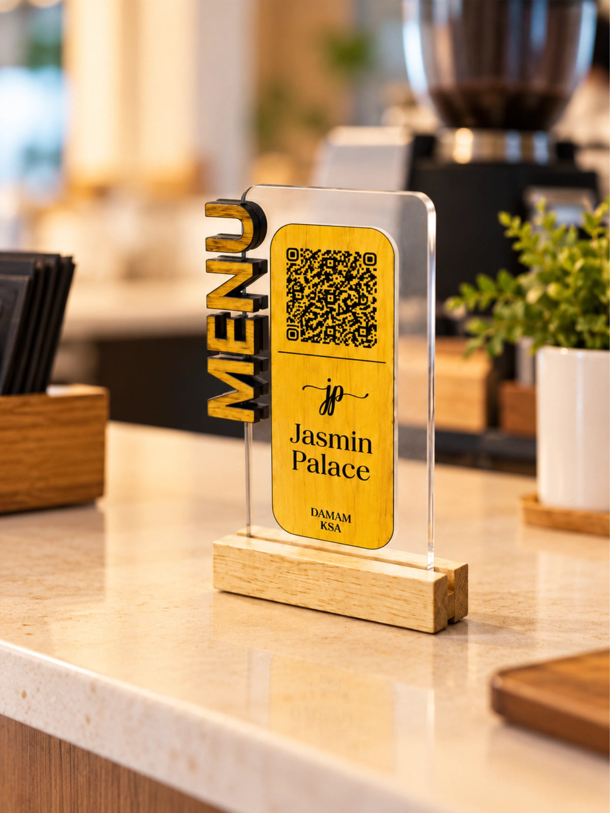 QR Code Menu Table Stand with Wooden Base
