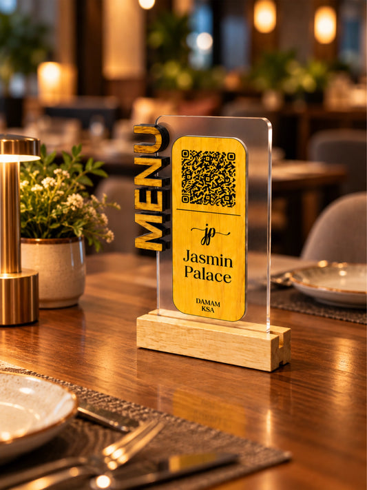QR Code Menu Table Stand with Wooden Base