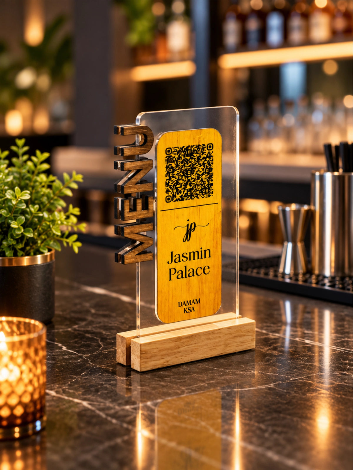 QR Code Menu Table Stand with Wooden Base