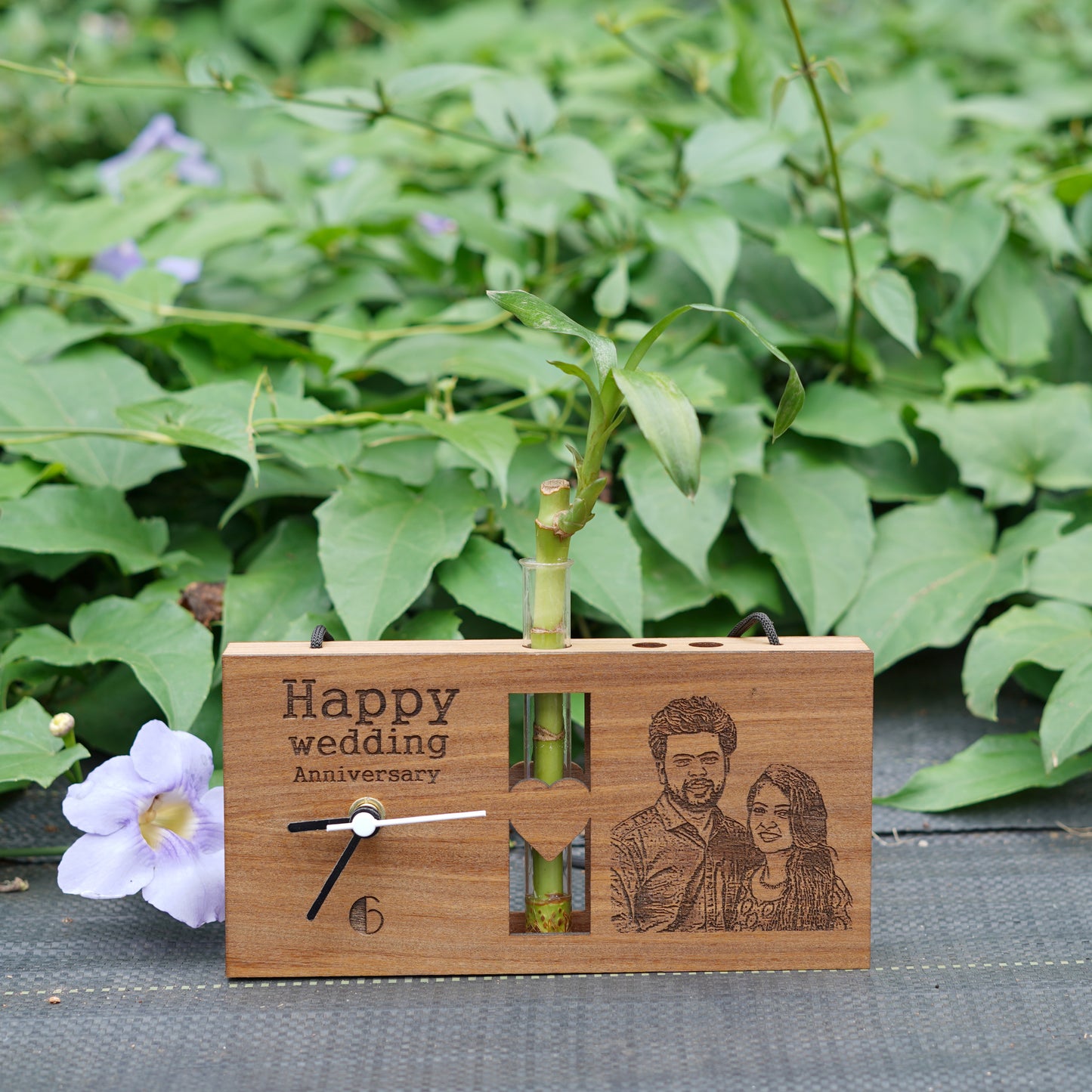 Photo Engraved Personalized Wooden Table Clock With Plant Vase