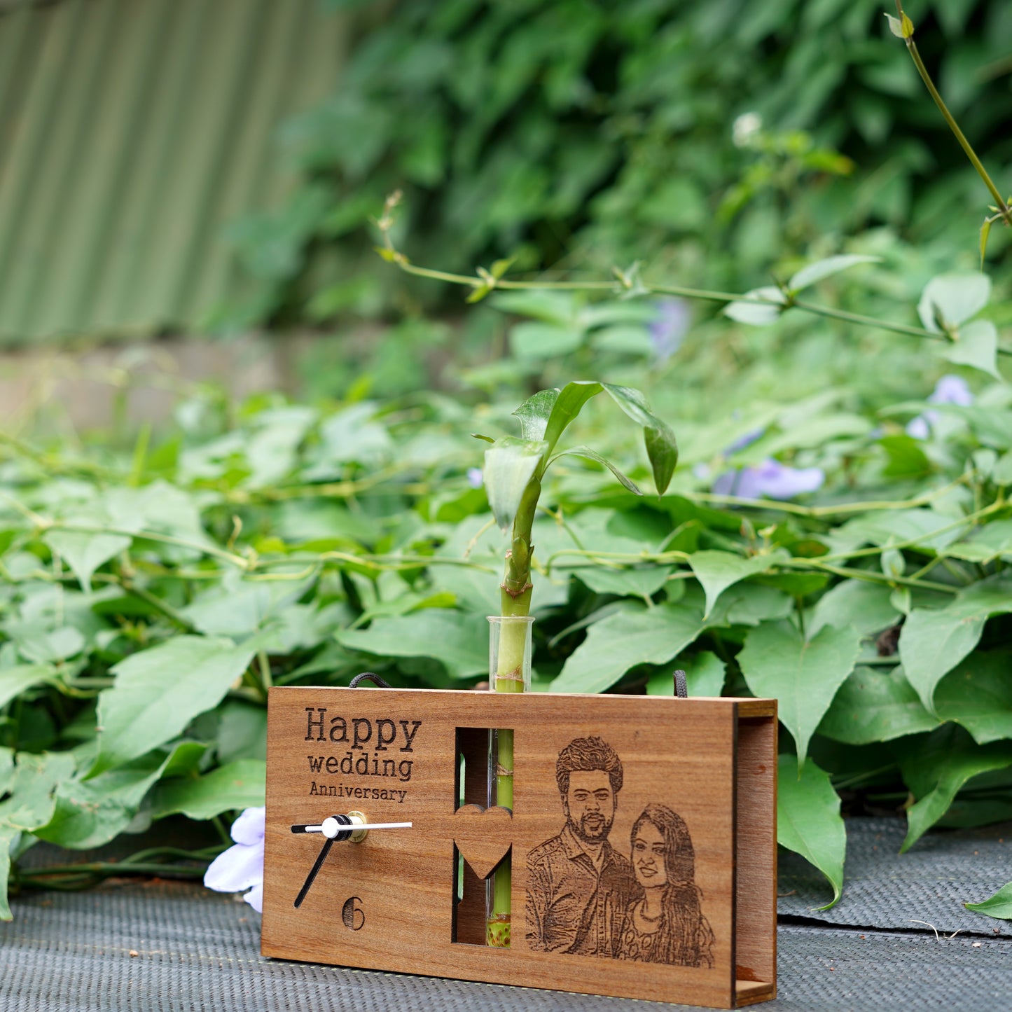 Photo Engraved Personalized Wooden Table Clock With Plant Vase