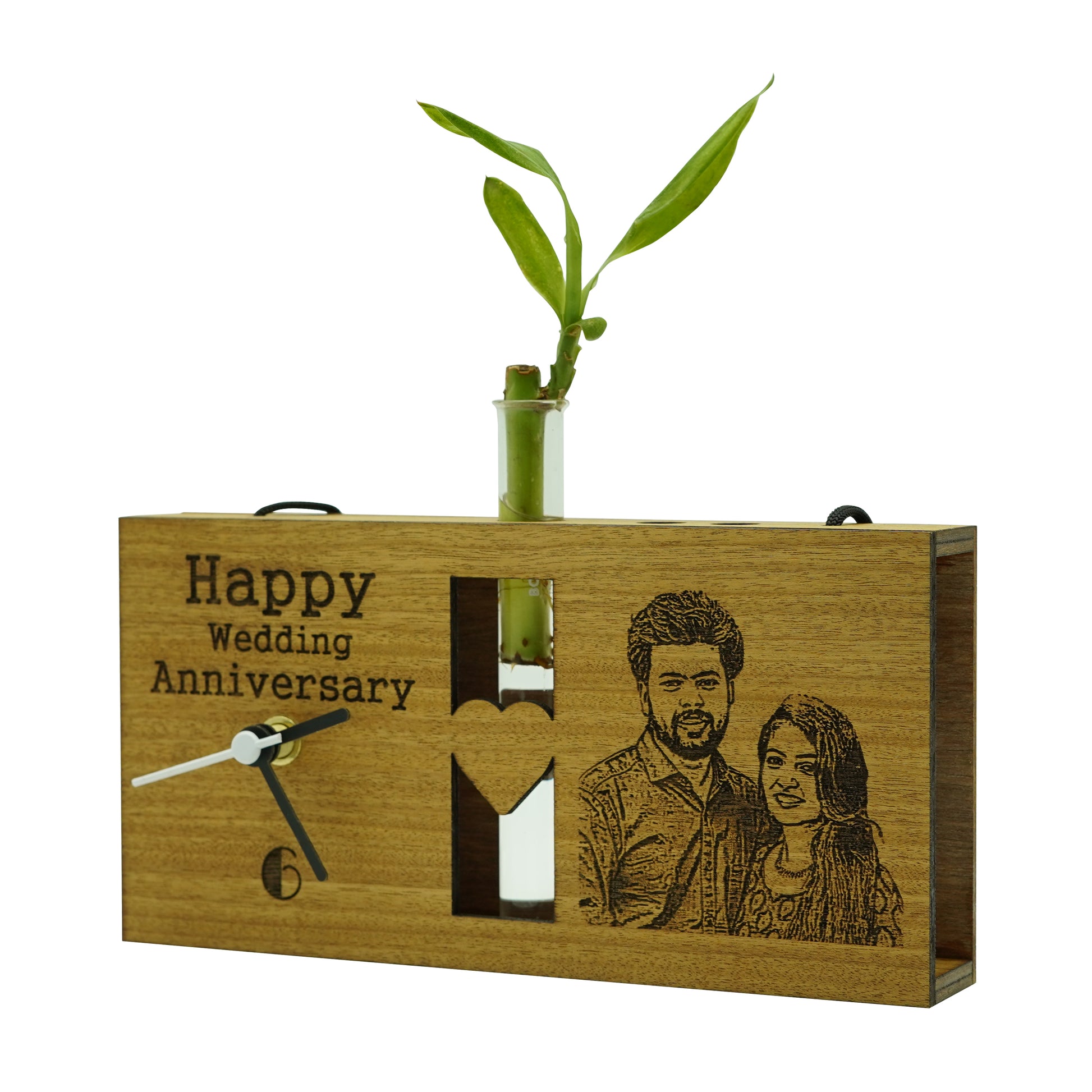 Photo Engraved Personalized Wooden Table Clock With Plant Vase 