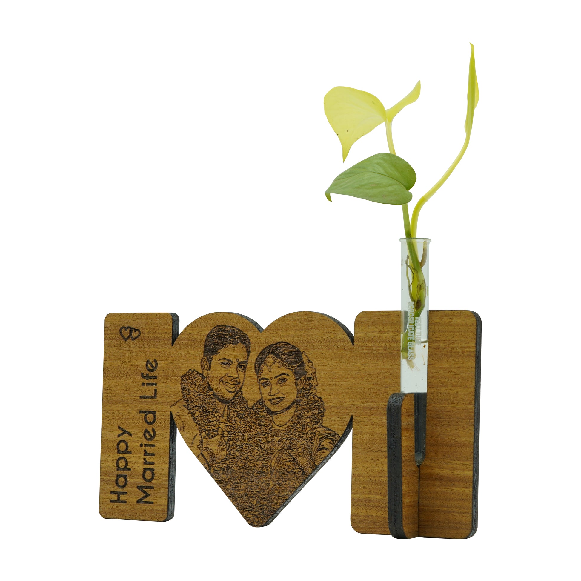 Personalized Wood Engraved Wedding Gift with plant vase