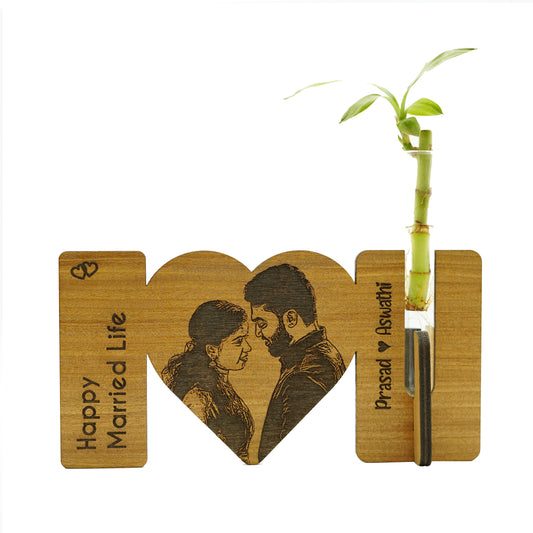 Wood Engraved Wedding Gift with plant vase
