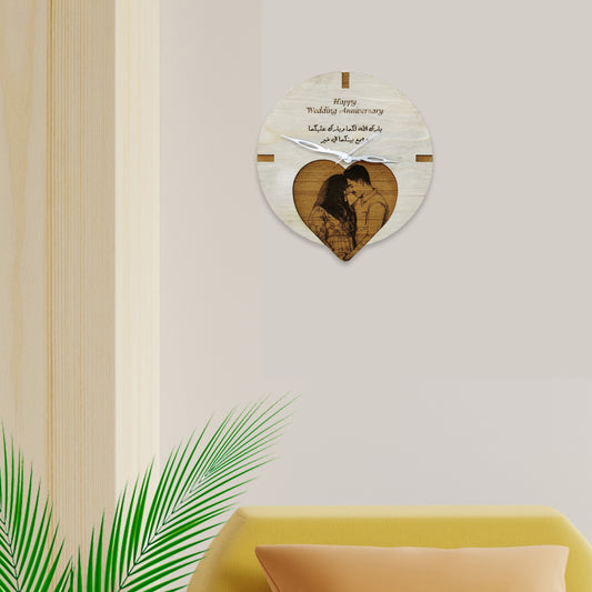 Customized heart shape Photo Engraved Wooden Wall Clock