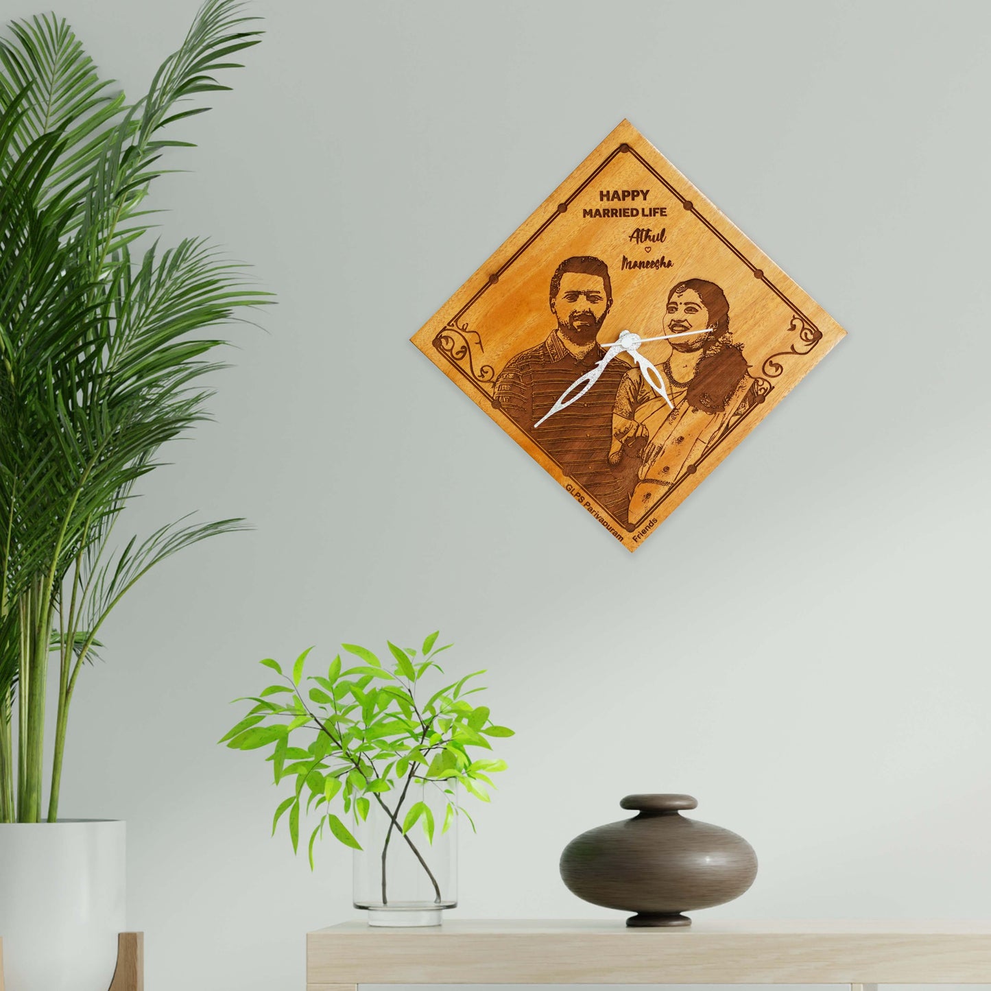 Personalized Photo Engraved Wooden Wall Clock Diamond Shape