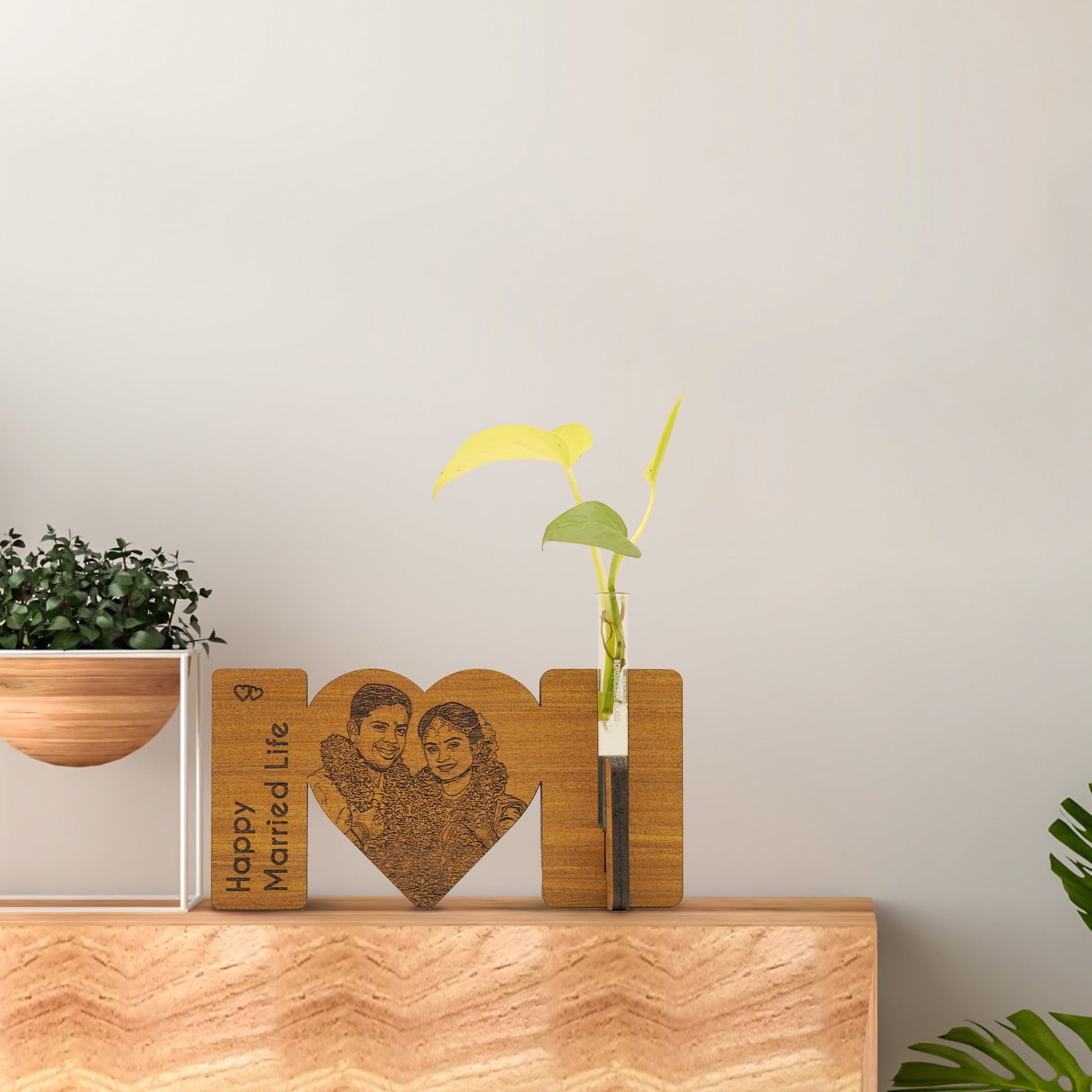 Personalized Wood Engraved Wedding Gift with plant vase