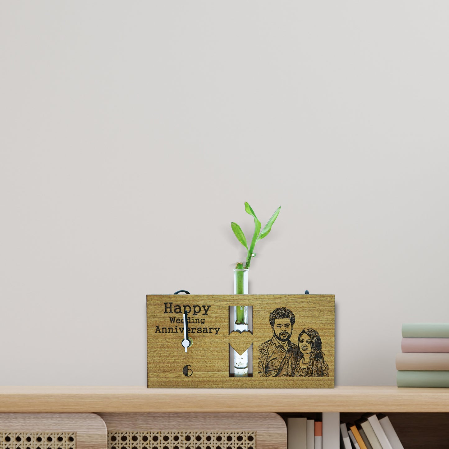 Photo Engraved Personalized Wooden Table Clock With Plant Vase 