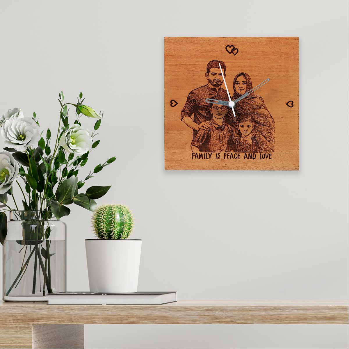 Customized Photo Engraved Wooden Square Wall Clock – Picloon