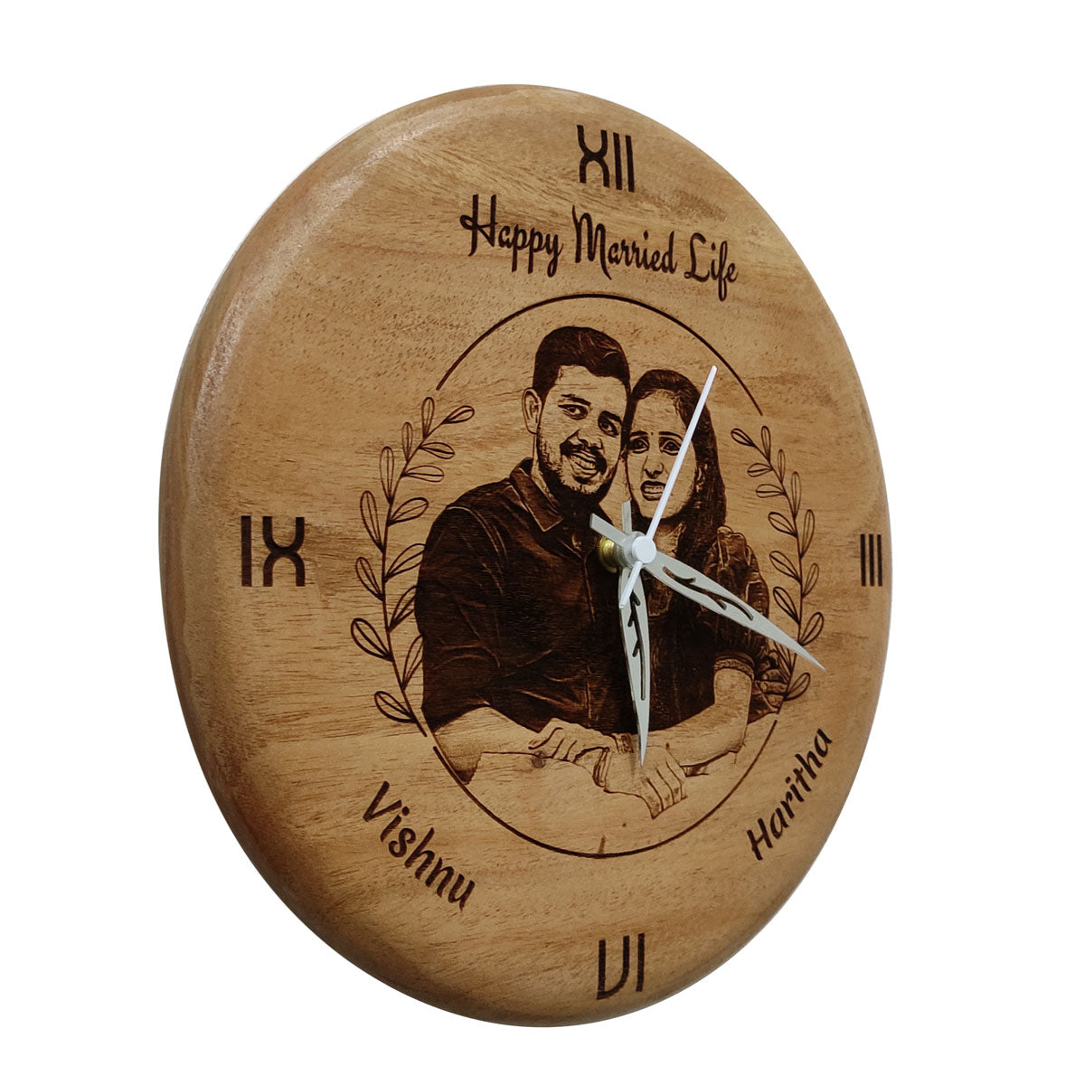wood engraved couple wall clock