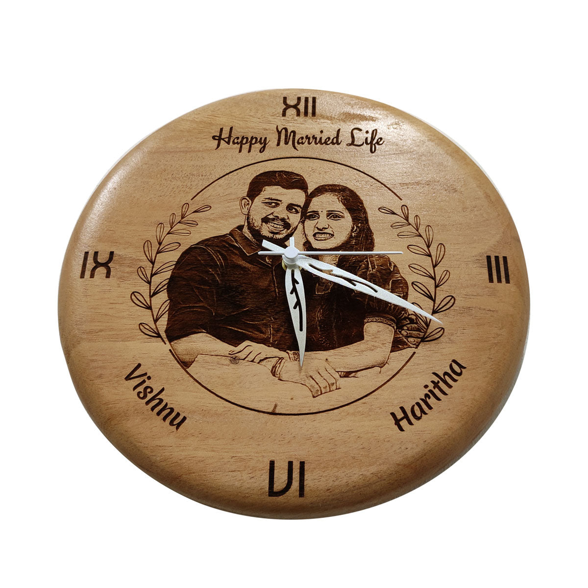wood engraved couple wall clock